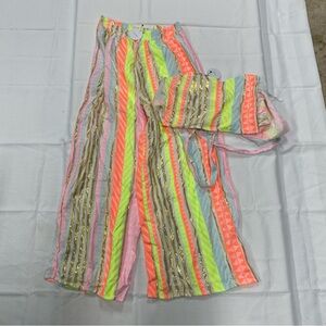 NWT En Crème Neon & Gold Stripe Wide-Leg Pant and Bandeau Top Set Size M